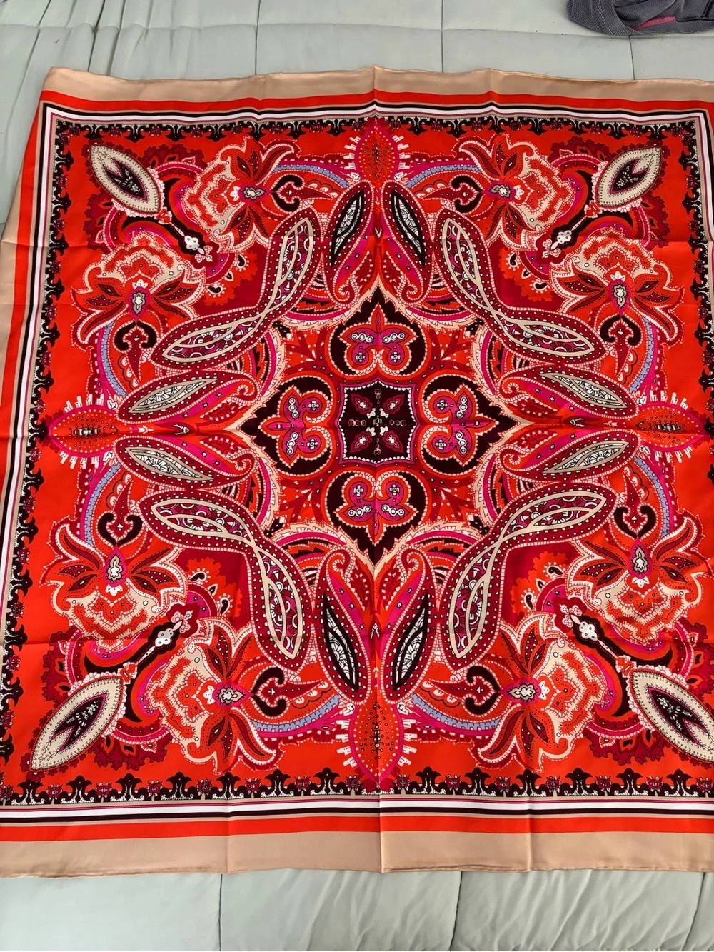 Chico's Red Paisley 100% Silk Square Scarf with Cream Border